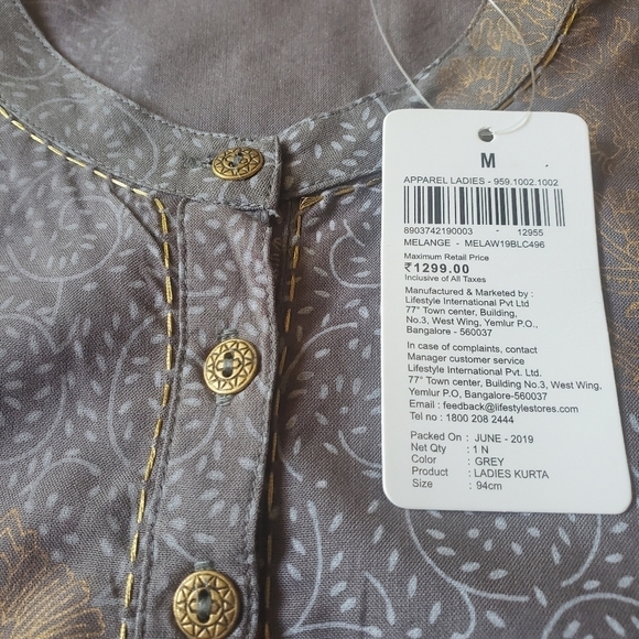 Melange Ladies Kurta Grey & Gold Midi Sz. M Dress w Pockets & Tassel Embroidered - Picture 11 of 13